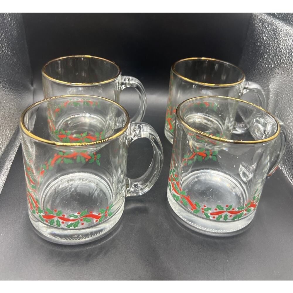Set 4 Vintage Libbey Glass Coffee Mugs Christmas Holly And Ribbon Holiday Design